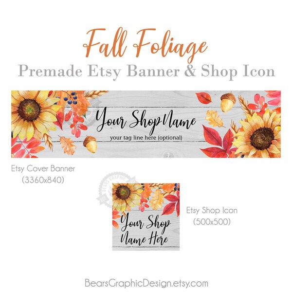 Fall Shop Big Banner Kit for Etsy Stores perfect for Thanksgiving design features Sunflowers, Leaves, Autumn Farmhouse Cover Photo Banners