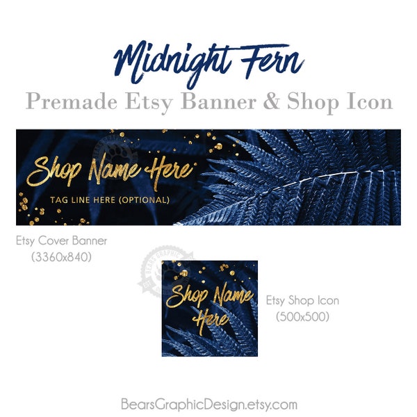 Etsy Shop Cover Photo Banner Set in Blue and Gold with a Fern Leaf, Modern Tropical Store Design, Midnight Fern, Dark, Night, Gold Foil