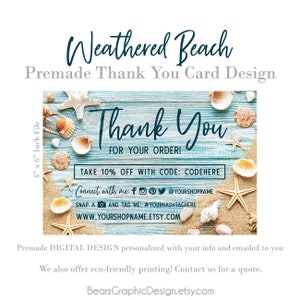 Beach Thank You Order Card Design with Rustic Wood, Starfish, Seashells and Sand, Package Inserts for Small Business, You Print