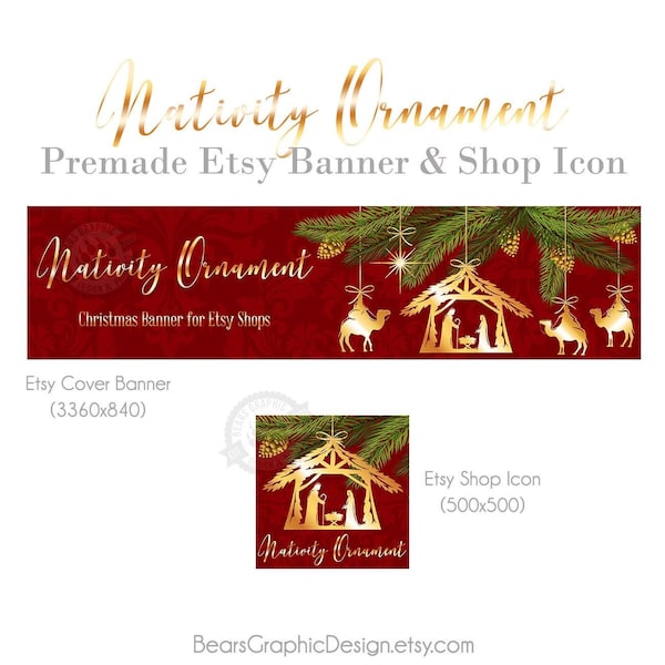 Weihnachts-Shop-Banner für Etsy Store mit goldenen Krippen-Ornamenten und rotem Damast, christliches Cover-Foto