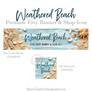 Beach Shop Banner for Etsy with Rustic Wood Background Sand Seashells Rope and Starfish, Etsy Design Set, Store Cover Photo and Icon Kit image 1