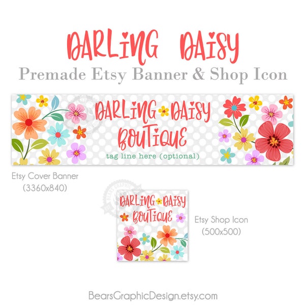Shop Banner Package with Icon, Retro Colorful Daisy Flowers and Polka Dots for Spring or Summer, Cover Photo Set, Childrens Boutique, Hippie
