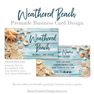 Beach Business Card Design with Rustic Wood Background Sand Seashells Rope and Starfish, Digital Files or Printed Cards