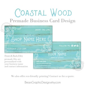 Wood Business Card Design with a rustic turquoise background and white flourish vines, shabby chic, beach coastal, farmhouse, Printing