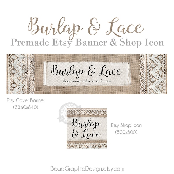 Lace Shop Banner Set for Etsy with Burlap, Sewing Store Graphics, Etsy Store Cover Photo, Antique Vintage Country Big or Mini Banner