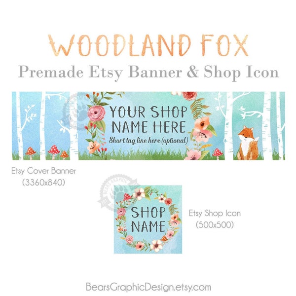 Woodland Shop Banner and Icon Set for Etsy Stores in a Forest theme with Birch Trees, Flower Wreath, Fox and Mushrooms in Watercolor