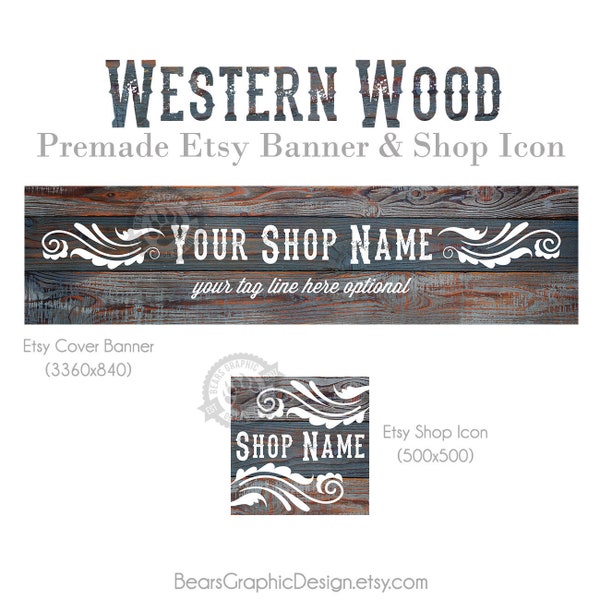 Etsy Shop Design Set, Western Style with Rustic Wood, Etsy Big Banner and Shop Icon, Etsy Store Banners, Country, Barnwood, Farmhouse