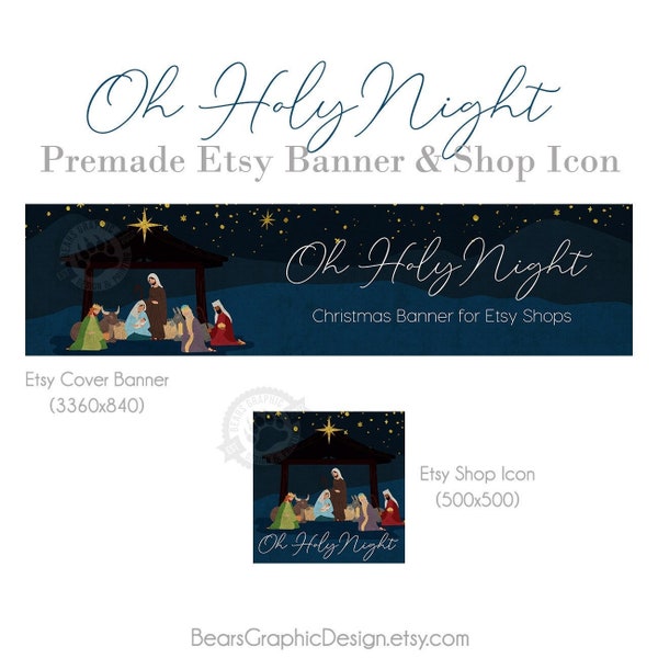 Weihnachts-Shop-Banner für Etsy Store mit Krippenszene mit Weisen, Goldfoliensternen, christlichem Titelfoto, Oh heilige Nacht