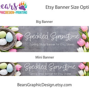 Ensemble de bannières de Pâques pour Etsy avec des tulipes printanières, des œufs mouchetés dans un nid, une grande ou une mini bannière au choix avec une icône image 2