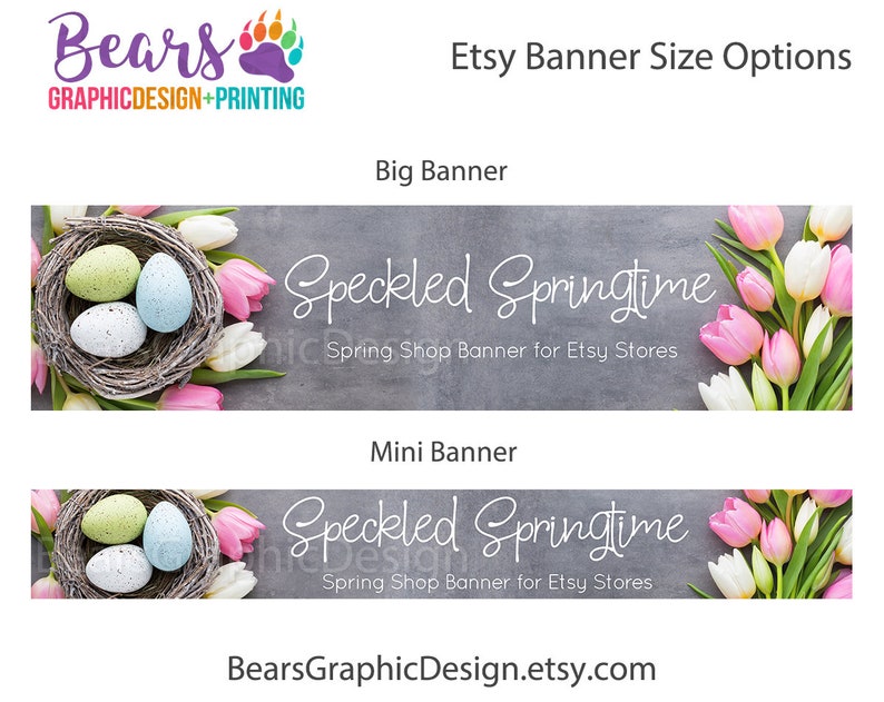 Ensemble de bannières de Pâques pour Etsy avec des tulipes printanières, des œufs mouchetés dans un nid, une grande ou une mini bannière au choix avec une icône image 2