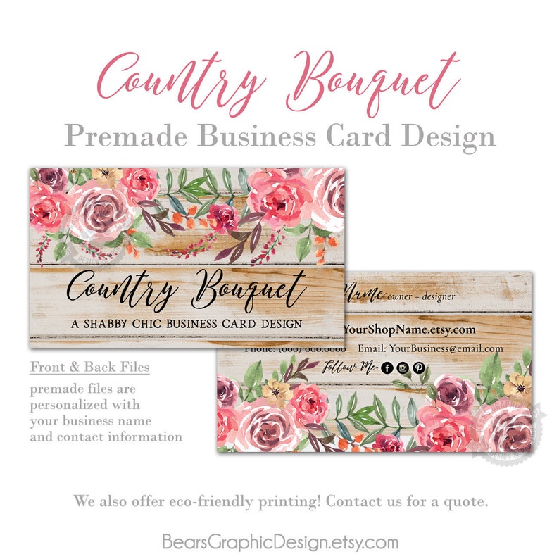 Business Card Design with Rustic Barn Wood and Pink Country Roses, Southern Farmhouse Style Biz Card Template, Customized, Printed Cards image 1