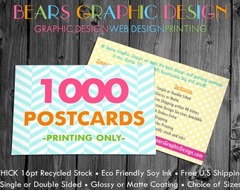 1000 Postcards Printed Full Color with Matte or Glossy Finish, Thank You Card Business Printing Service, Eco Friendly Soy Ink, 5x7 or 4x6