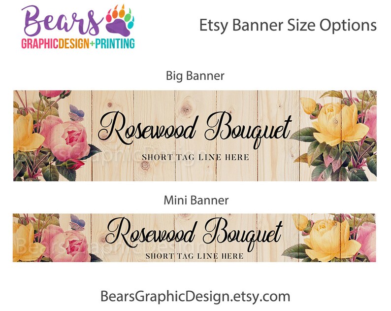 Etsy Banner Kit with Shop Banner and Icon, Rose Etsy Cover Photo Banner, Country Farmhouse Flower Bouquet Wood Shop Banner Pink and Yellow image 2