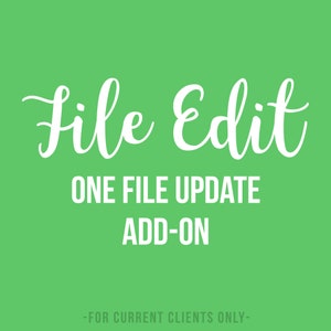 May include: White text on a green background reads "File Edit" in a cursive font. Below the text is "ONE FILE UPDATE ADD-ON" in a sans-serif font. At the bottom of the image is "FOR CURRENT CLIENTS ONLY" in a smaller font.