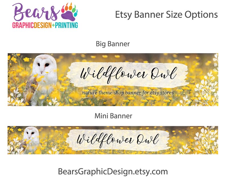 Etsy Shop Banner Kit with Yellow Wildflowers and Barn Owl, Etsy Graphics Set for Spring and Summer image 2