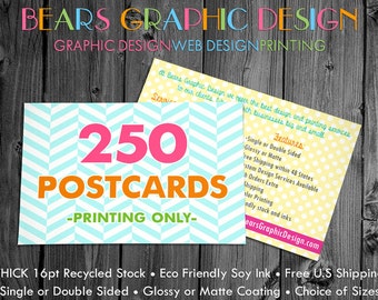 250 Postcards Printed Full Color, Gift Certificate Printing, Order Inserts, Packaging, Single or Double Sided, Glossy Matte or Uncoated