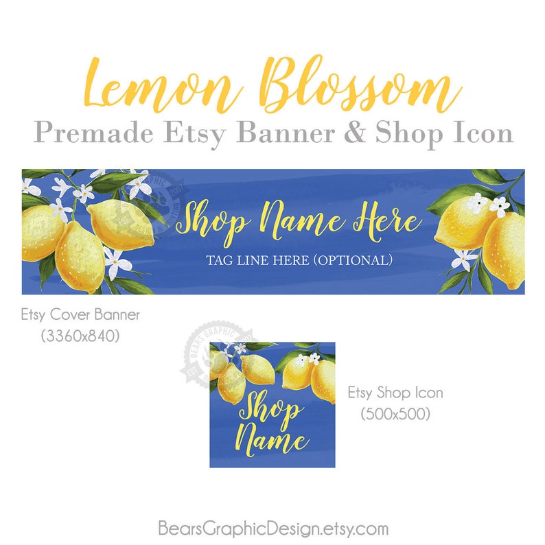 Etsy Banner and Shop Icon Design Set in with Yellow Lemons and White Citrus Blossom Accents on a French Blue Background, Shop Cover Photo image 1