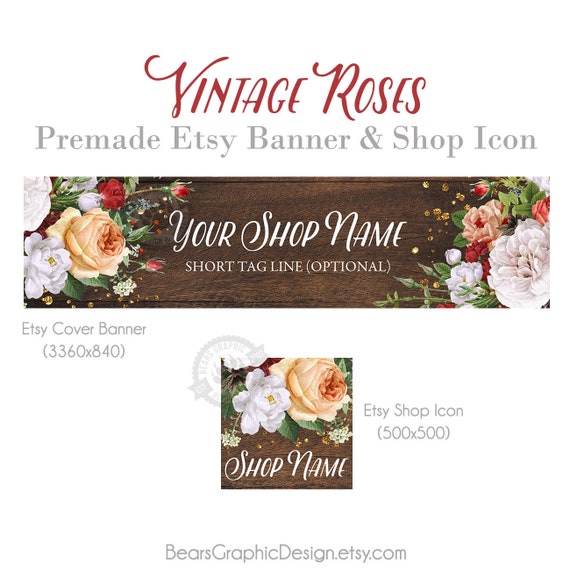 Etsy Shop Banner And Icon Set With Vintage Cabbage Roses And Etsy