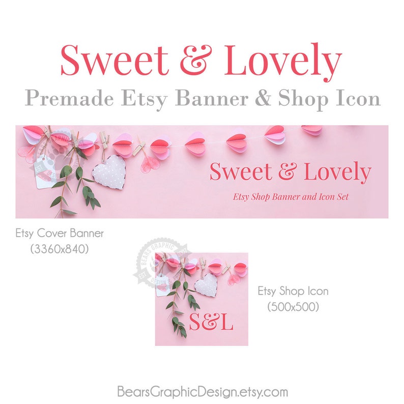 Shop Banners for Etsy for Valentine's Day with Heart Garland in Pink and White, Big or Mini Banner with Shop Icon, Etsy Store Cover Photo image 1