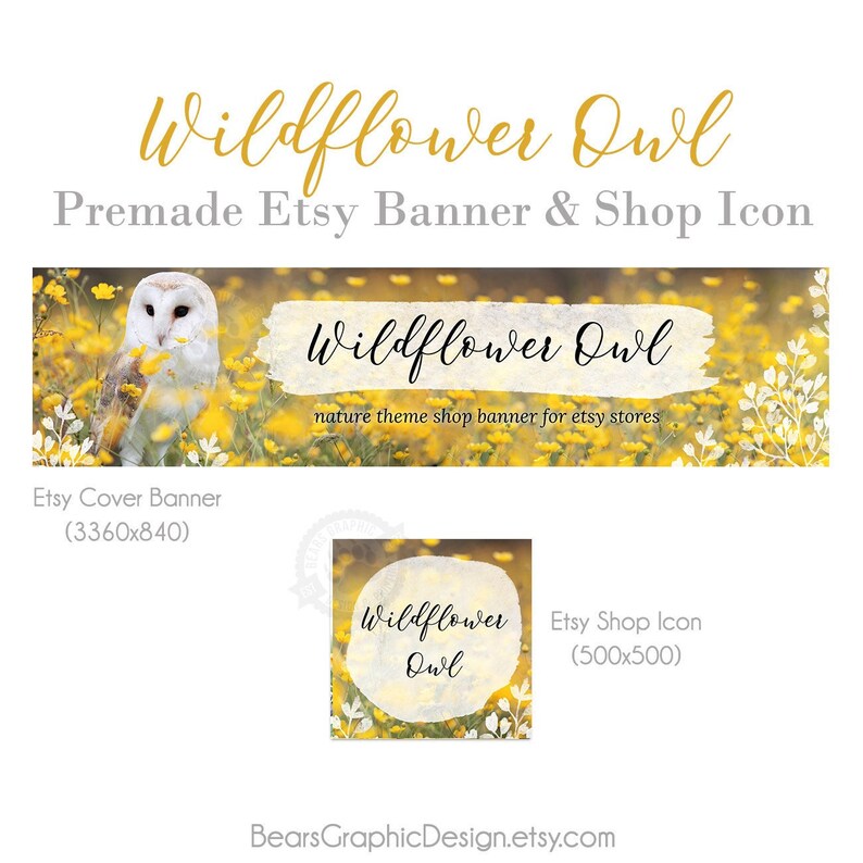 Etsy Shop Banner Kit with Yellow Wildflowers and Barn Owl, Etsy Graphics Set for Spring and Summer image 1