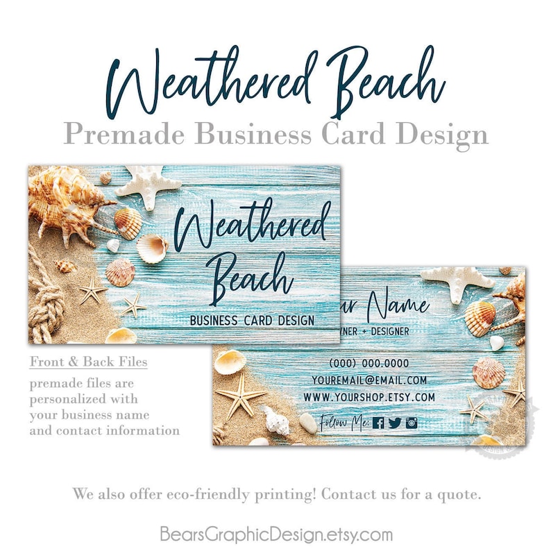 Beach Business Card Design with Rustic Wood Background Sand Seashells Rope and Starfish, Digital Files or Printed Cards image 1
