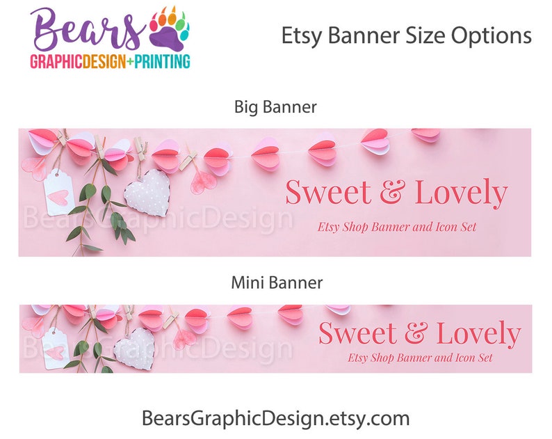 Shop Banners for Etsy for Valentine's Day with Heart Garland in Pink and White, Big or Mini Banner with Shop Icon, Etsy Store Cover Photo image 2