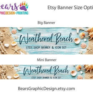 Beach Shop Banner for Etsy with Rustic Wood Background Sand Seashells Rope and Starfish, Etsy Design Set, Store Cover Photo and Icon Kit image 2