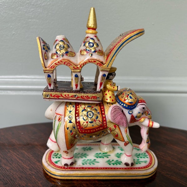 Handcrafted White Marble Elephant with Rider on Decorative Howdah- Ababari Elephant w/ Gold Leaf and Intricate Hand Painting- Luxurious Gift