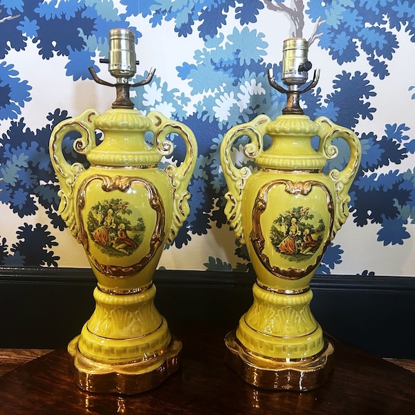 Vintage Pair of Chartreuse Glazed Lamps with Victorian Couple WITHOUT Shade