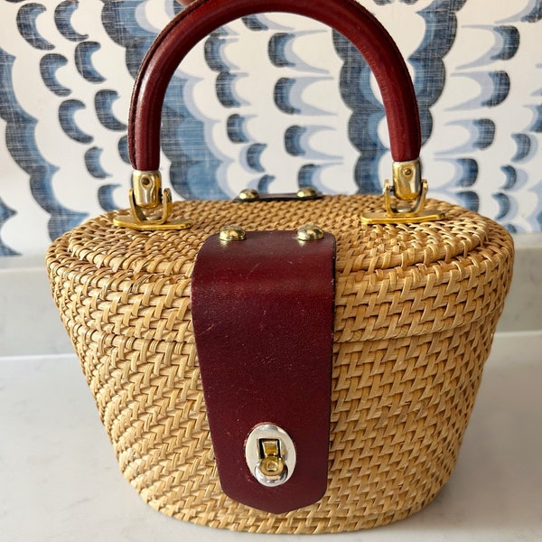 Island Chic Nantucket Basket Style Wicker Box Purse with Oxblood Leather Handle -Vintage