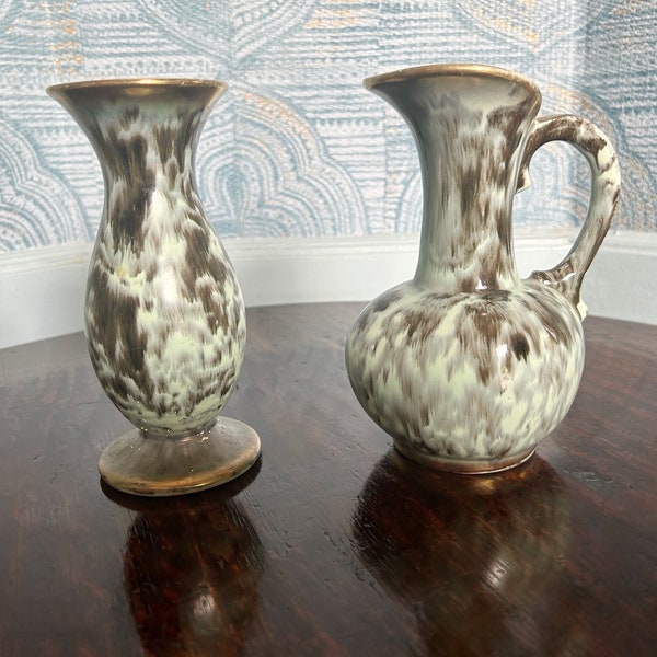 Fohr Keramik 6.5” Vase & 6.5” Pitcher- Lava Glaze Ceramic- Turquoise/Gray/Gold Trim