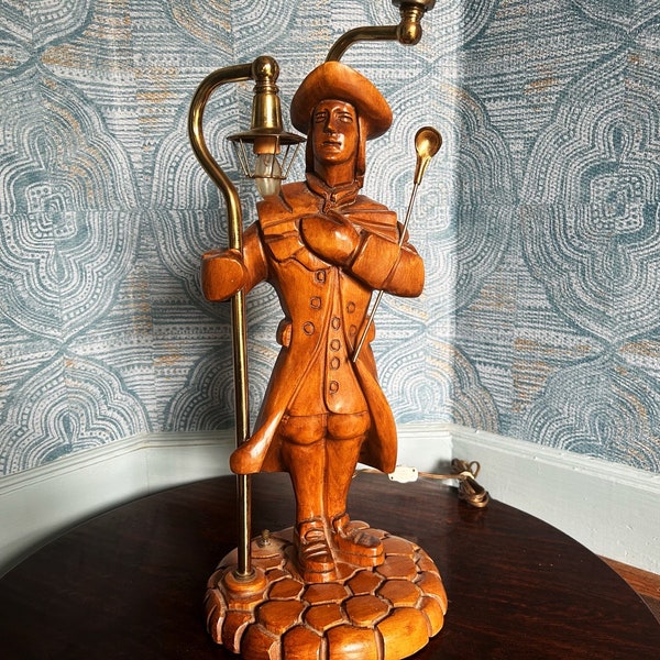 Large 23.5” Hand Carved Wood Colonial Lamplighter Table Lamp