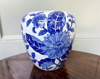 Blue & White Floral Chinoiserie Ginger Jar- Asian Vase- 8”