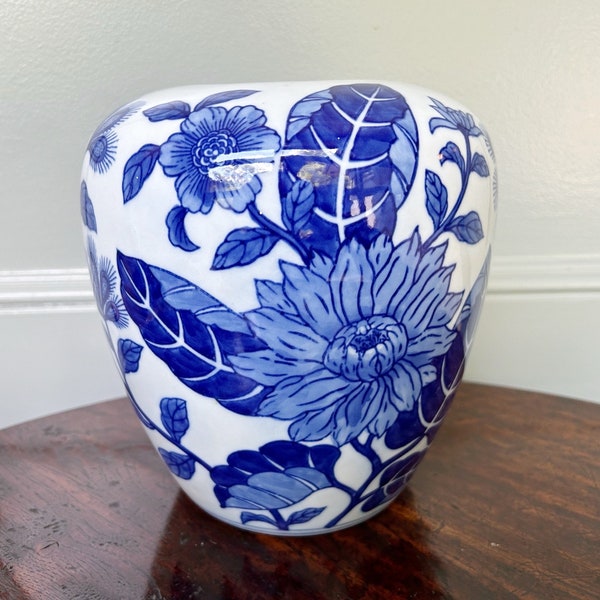 Blue & White Floral Chinoiserie Ginger Jar- Asian Vase- 8”