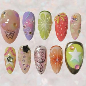 Y2K Fruit Press On Nails, 3D Butterfly Star Nail Art, Strawberry Citrus Pastel Tips, Cute Handmade Kawaii Gel Nails
