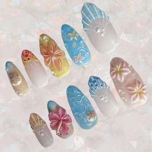 Tropical Ocean Press On Nails, Summer Shell Flower Nail Set, 3D Beach Vibe Fake Nails, Vacation Handmade Nail Art Gift