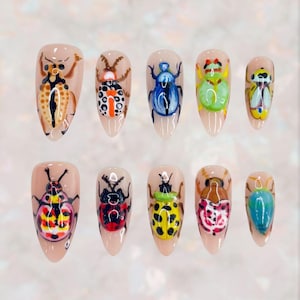 Beetle Press On Nails, 3D Bug Insect Nail Art, Hand Painted Colorful Critters, Quirky Cute Fake Nails, Handmade Gel Tips Set For Summer