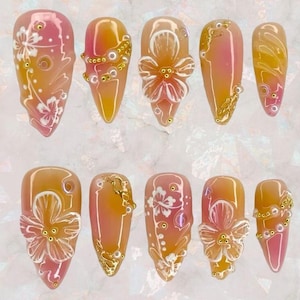 Tropical Ombre Press On Nails, 3D Flower Summer Nails, Pink Orange Gradient Fake Nails, Beach Vacation Nail Art Set