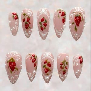 Strawberry Press On Nails, Cute Pink Fake Nails with Pearl Details, Hand Painted Fruit Nail Art, Sweet Girly Nail Set Gift Idea