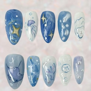 Ocean Jellyfish Press On Nails, Blue Sea 3D Nail Art with Pearls, Underwater Starfish Design, Handmade Gel Tips, Oval Glossy Nails