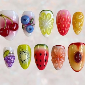 Fruit Press On Nails, 3D Summer Fruit Nail Art Set, Cherry Kiwi Watermelon Peach Nails, Handmade Gel Tips, Cute Juicy Nail Design