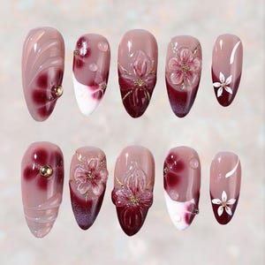 Wine Red Floral Press On Nails, 3D Flower Glossy Fake Nails, Elegant Burgundy Gel Tips, Handmade Long Nails For Summer Theme