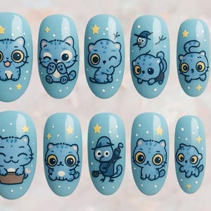 Derpy Tiger and the Bird Kpop Demon Hunters On Nails, Cute Cat and Bird Fantasy Nail Art, Kpop Nails Set For Fans, Kpop Anime Gifts