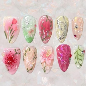 Handgemalte rosa Blumenpresse auf Nägeln, 3D Blumen-Kunstnägel, Pastellfrühlings-falsche Nägel, langes falsches Nagel-Set, nettes girly Nagel-Geschenkset