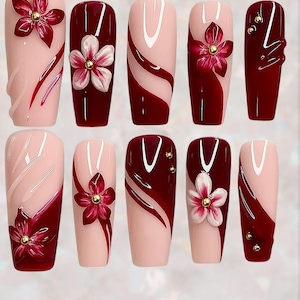 Red Floral Press On Nails, 3D Burgundy Flower Nails, Pink and Red Gel Art, Glossy Handmade Tips, Long Coffin Fake Nails
