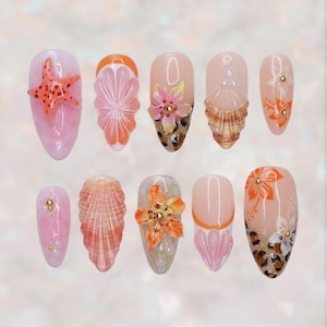 Tropical Beach Press On Nails, Starfish Shell 3D Flower Nails, Leopard Print Summer Nail Art, Handmade Gel Fake Nails Set