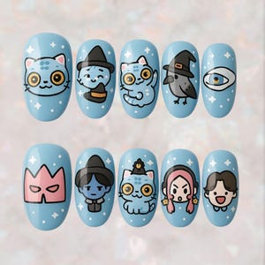 Cat And Bird Demon Hunter Press On Nails, Derpy Tiger and Bird Nail Art, Cute Korean Inspired Fake Nails, Huntrix Kpop Girl Gel Tips