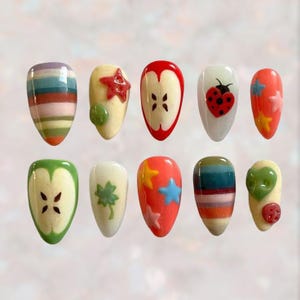 Fruit Ladybug Press On Nails, Cute 3D Apple Slice Star Nail Art, Colorful Striped Gel Tips, Handmade Summer Nail Set