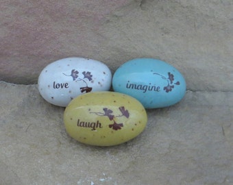 Pebble Rattles Set of 3 - Handmade Stoneware Ceramic Pottery - Blue Celadon, Sun Yellow, White - Ginkgo