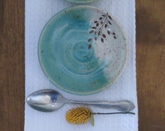 Shallow Bowl Set of 2 - Handmade Stoneware Ceramic Pottery - Blue Celadon and White - Branch - 6 ounce